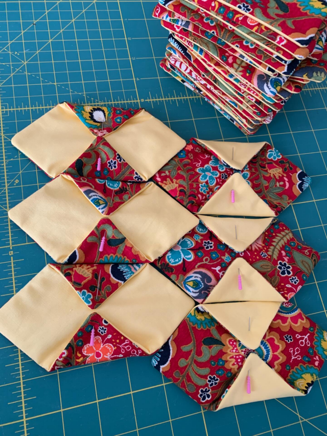 I do love a quirky technique! This one is in a copy of Quilting Manual by Delores A. Hinson is no exception. The book itself is an interesting and meandering read in itself. The instructions are shown, but the technique is not mentioned anywhere else in the book 🤷‍♀️. After years of thinking about this, I put fabric and thread into action and have started on a sample. As with lots of techniques, some them I can see a future for, and others not so much for me. 
I’m on the fence with this one, but I’ll get the sample finished! #quiltasyougo #quiltingonthego #patchwork #carolynforster